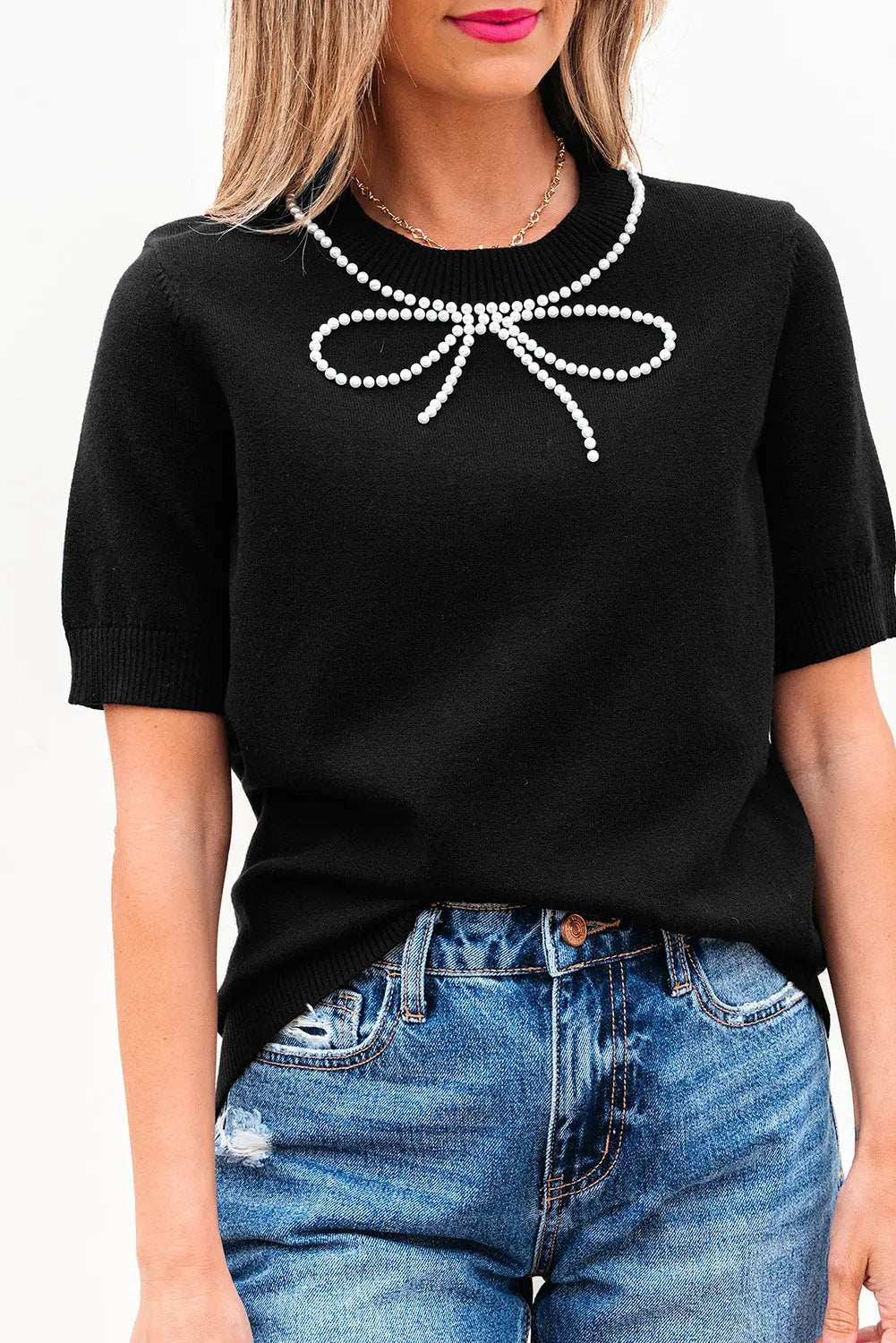 Bria Pearl Bow Short Sleeve Knitted Top for Women - Love Salve